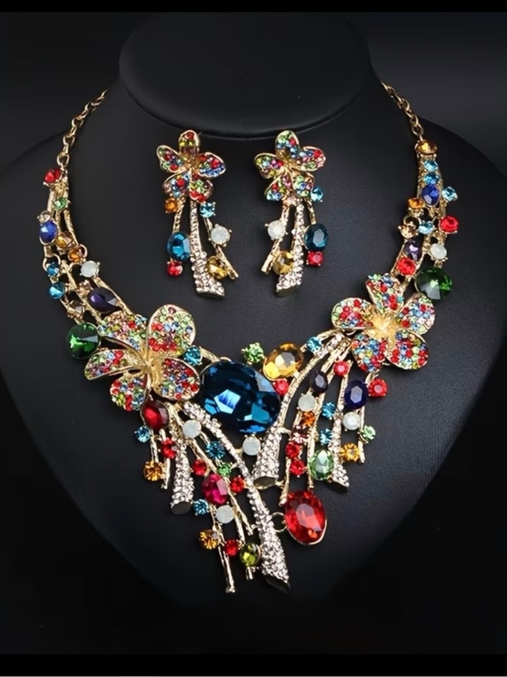 Multicolor Crystal Floral Statement Necklace & Earring Set